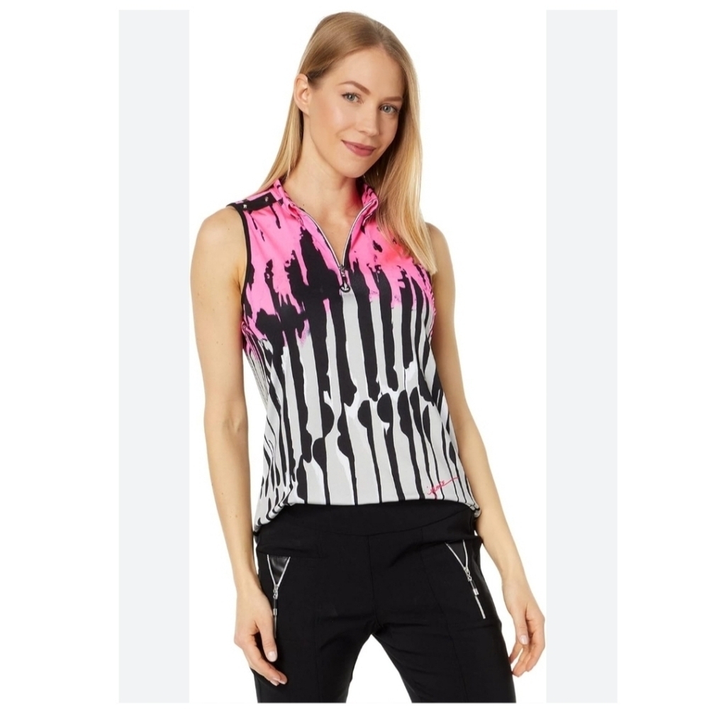 Jamie Sadock Sleeveless Zip Golf Top Pink Gray Print Stretch Performance M
